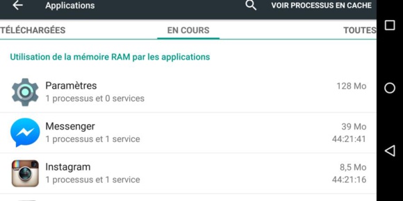 Les différentes applications en cours sur Android